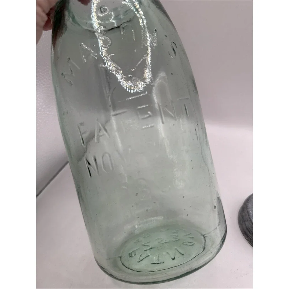 Mason's Jar Hero Cross Patent Nov 30th 1858, Aquamarine Glass, 1/2 Gal, Zinc Lid
